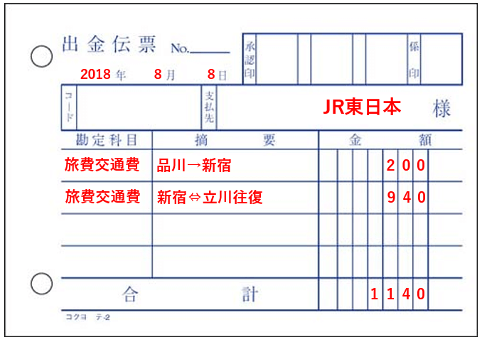 出金伝票の書き方の具体例２（旅費交通費の場合）